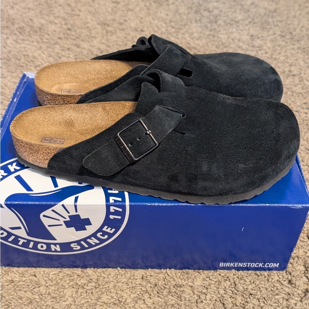 Birkenstock Black Suede Boston Clogs with Buckle